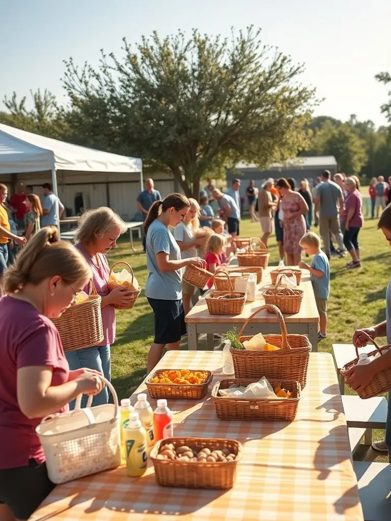 An image showing volunteers setting up for a community picnic, with tables laden with food and people of all ages helping out.