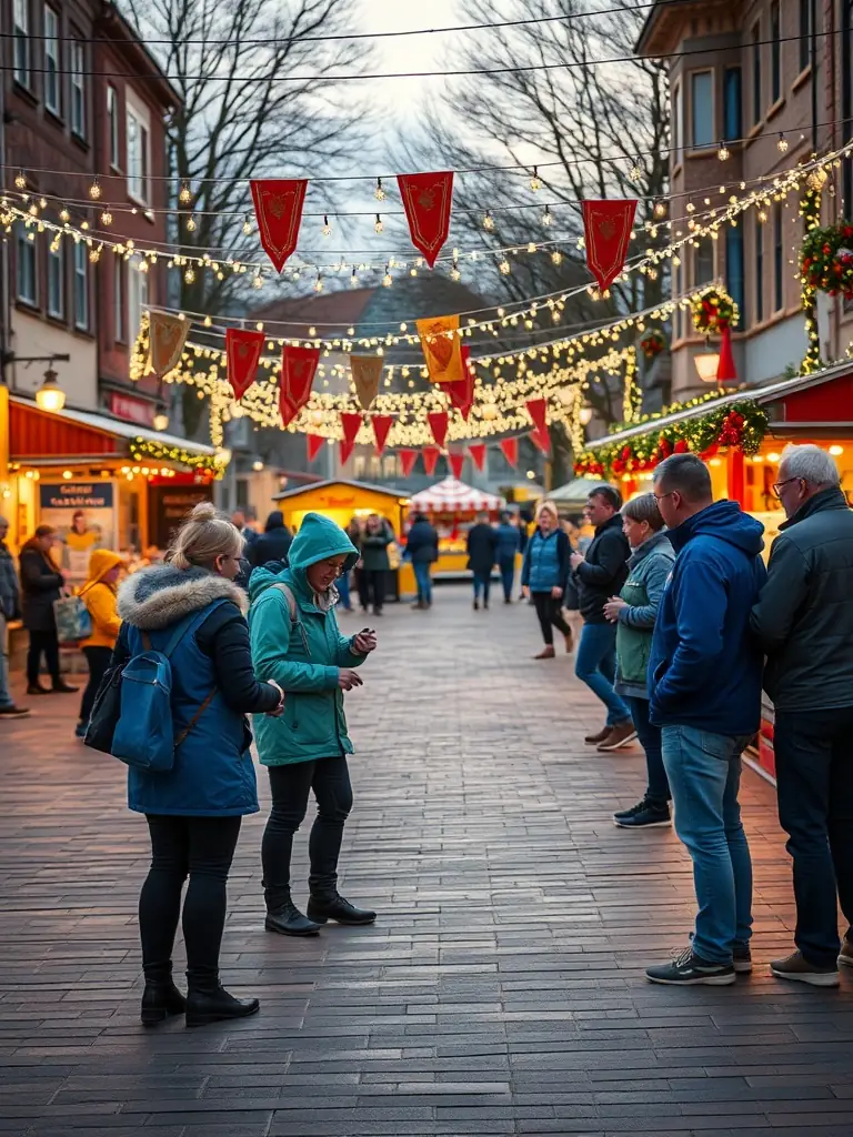 A dynamic image of the COMITE DES FETES DE VILLARSEN PONS team setting up decorations for a Christmas market in the town square, with twinkling lights and festive banners.