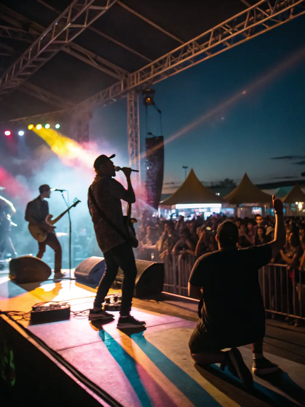 A captivating shot of a local band performing on stage during a music event organized by the COMITE DES FETES DE VILLARSEN PONS, with a lively crowd dancing and cheering.