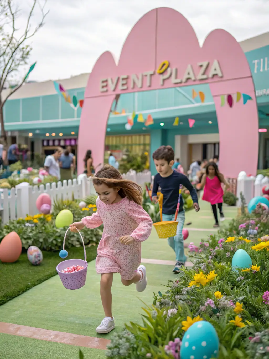 A heartwarming photo of children participating in an Easter egg hunt organized by the COMITE DES FETES DE VILLARSEN PONS in the local park, with colorful eggs scattered across the grass.