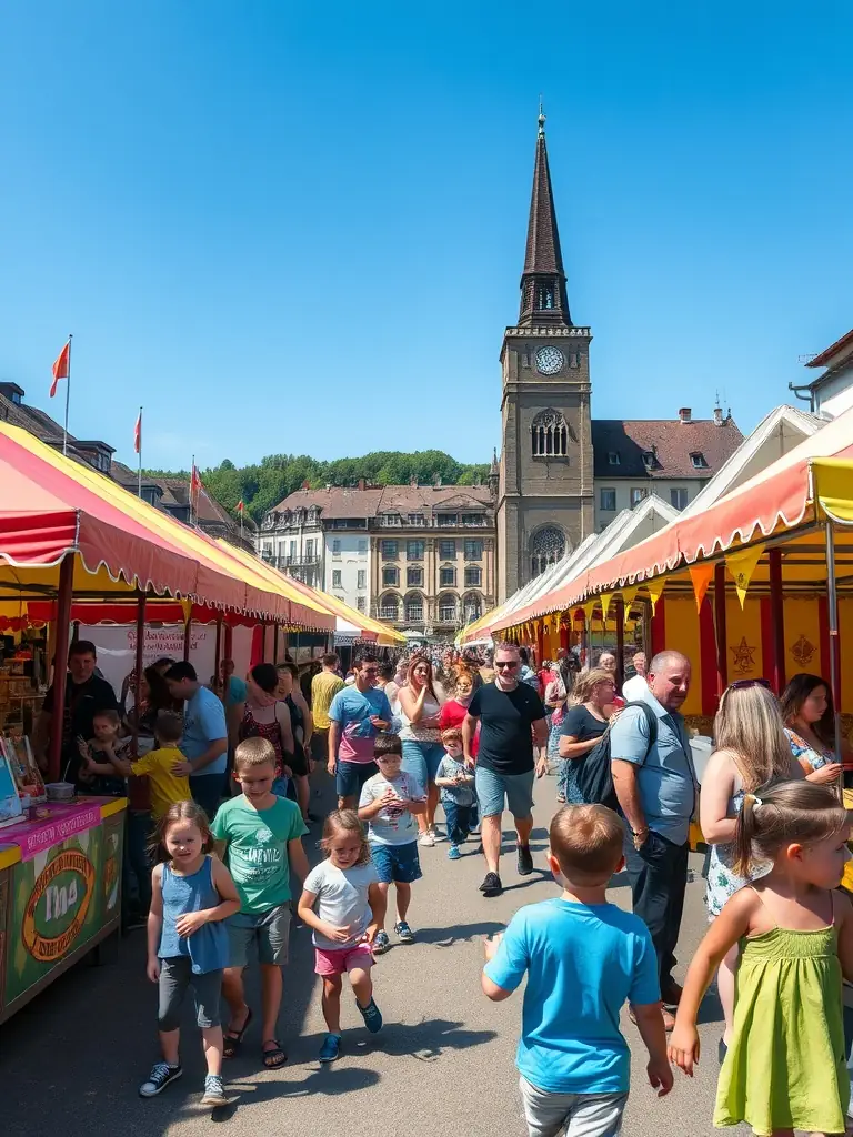 A vibrant photograph capturing the excitement of the annual Villars-en-Pons summer festival, showcasing families enjoying games, food stalls, and live music under a sunny sky.